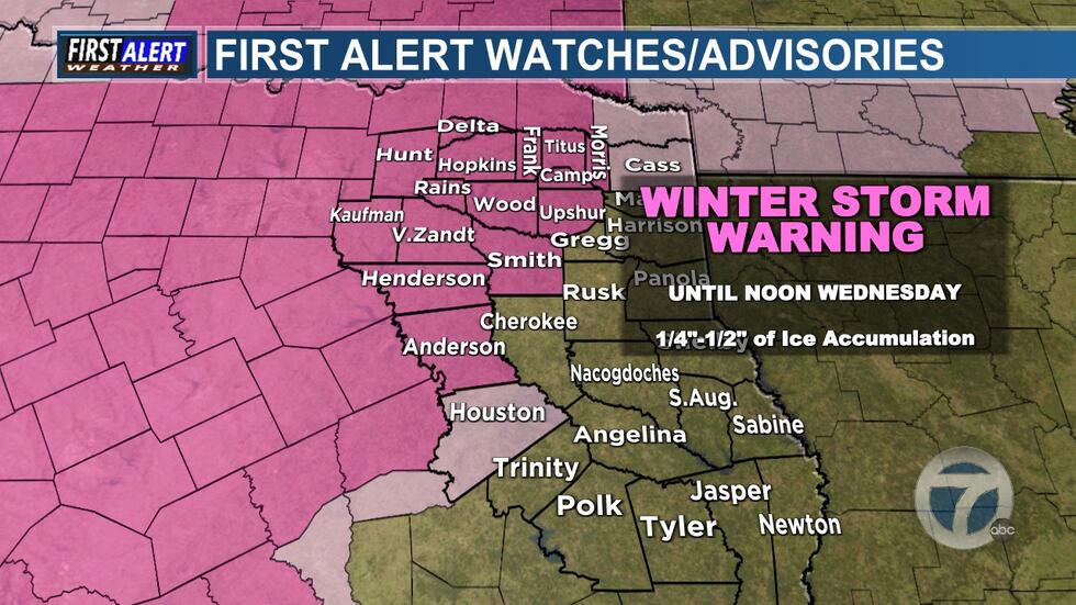 Winter Storm Warning in effect for parts of East Texas