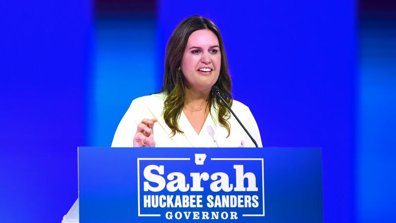 FILE - Arkansas Gov.-elect Sarah Huckabee Sanders speaks during her election night party, Nov....