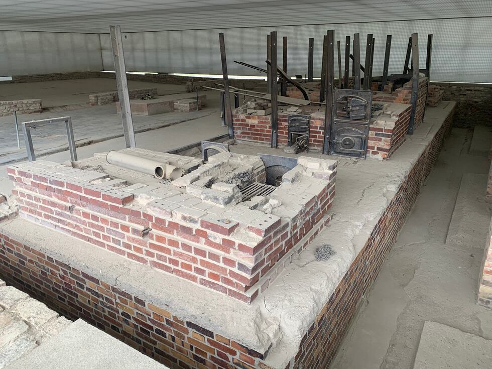 Remains of the ovens inside the crematorium at Sachsenhausen concentration camp, which now...
