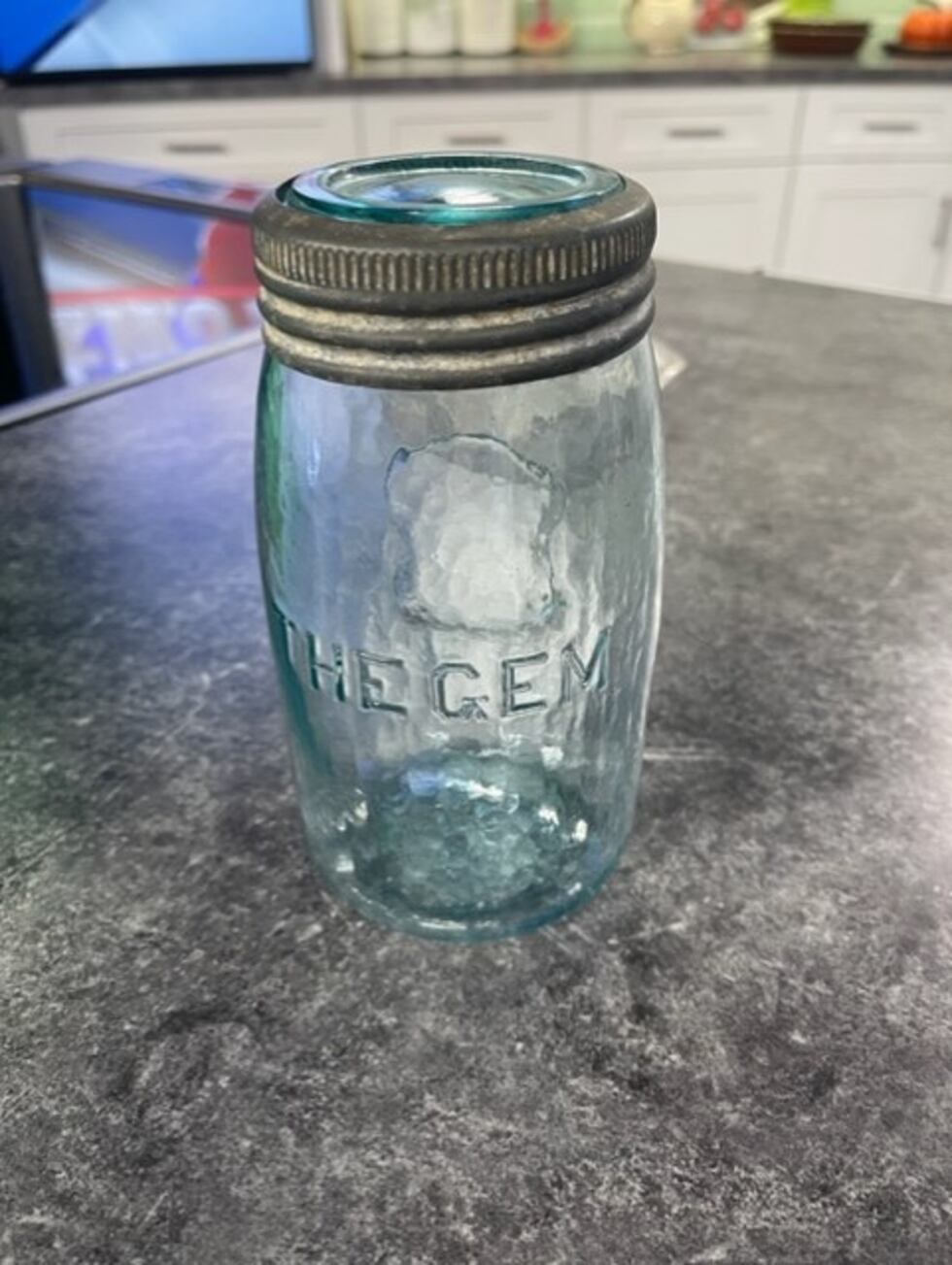 Antique Canadian Gem Jar with zinc ring and glass lid.