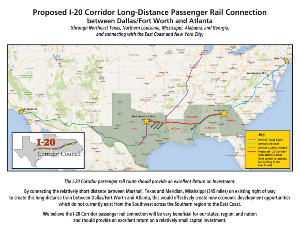 Map of Amtrak lines and proposed I-20 corridor