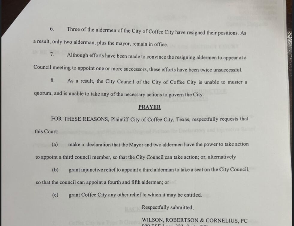 The petition requests the court allow the city council to operate business with two remaining...