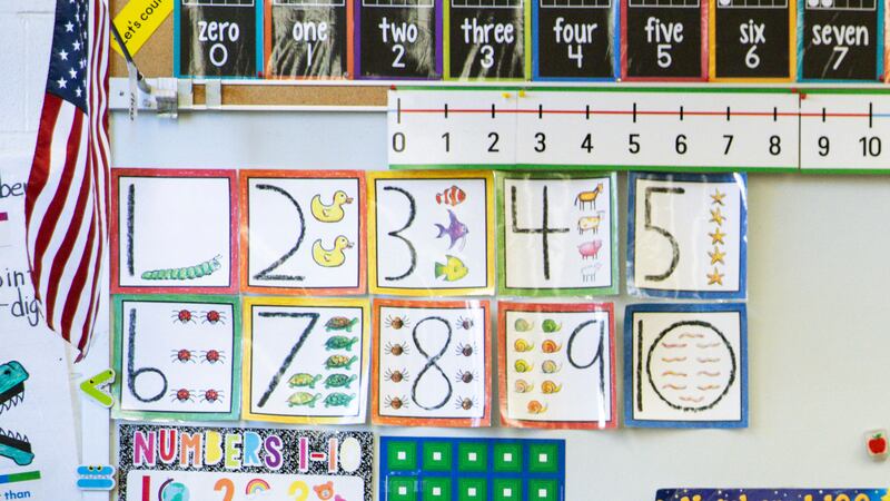 FILE - Instructional materials are posted on a wall of a kindergarten class in Maryland on...