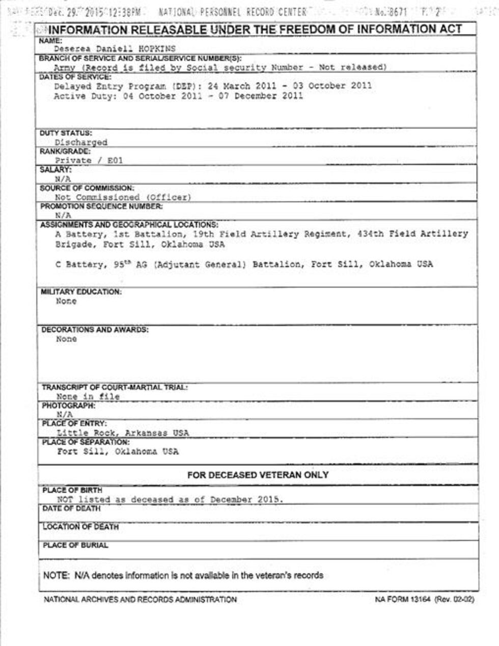 Deserea Hopkins' NA Form 13164 (Source: U.S. Army)
