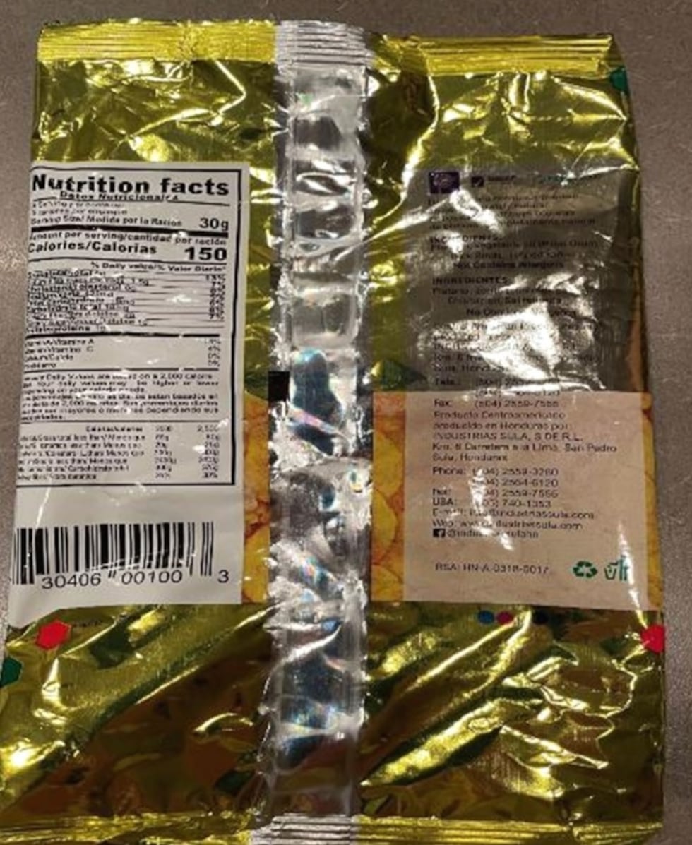 5.3-oz. foil pouch packages containing "Rica Sula TAJADITAS con CHICHARRON Platanos Con...