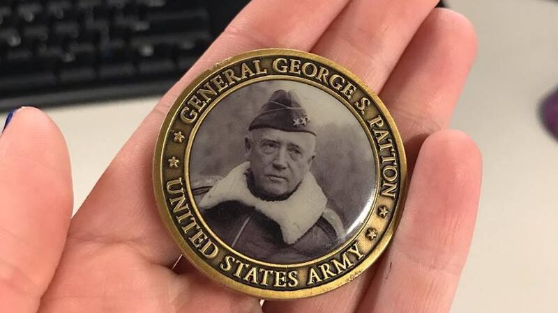 The challenge coin given to WWII veterans from George Patton Waters (General Patton's...