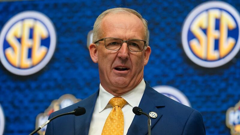 FILE - Southeastern Conference Commissioner Greg Sankey speaks during SEC Media Days, July 18,...