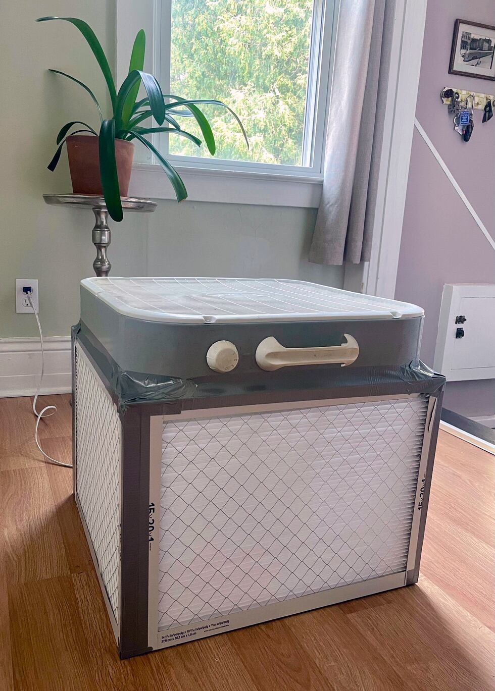 A Corsi-Rosenthal air purifier built by Liz Hradil is seen at her home in Syracuse, N.Y. after...