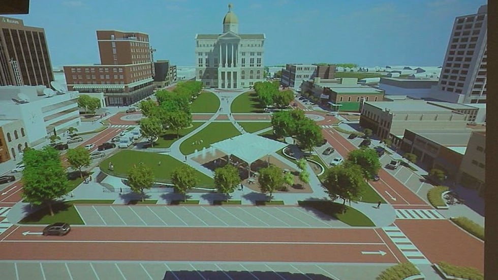 Design plans for the downtown square looking east from the area of Plaza Tower.
