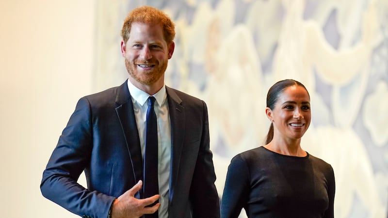 FILE - Prince Harry and Meghan Markle arrive at United Nations headquarters, Monday, July 18,...