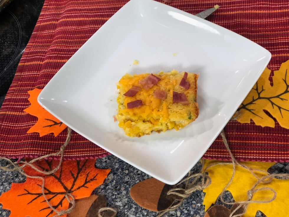 Kicked-up corn casserole by Mama Steph, plated