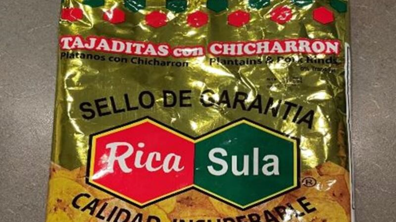 5.3-oz. foil pouch packages containing "Rica Sula TAJADITAS con CHICHARRON Platanos Con...